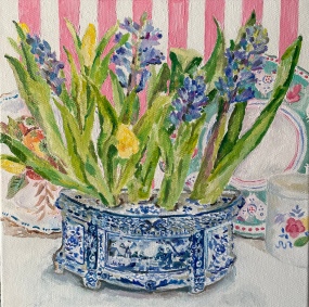 Hyacinths and Tulips on pink stripes